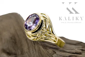 Pierścionek z żółtego 14k złota z Aleksandrytem vrc012y-ax Vintage Biżuteria Art Deco ZSRR Sowiecki Rosyjski styl