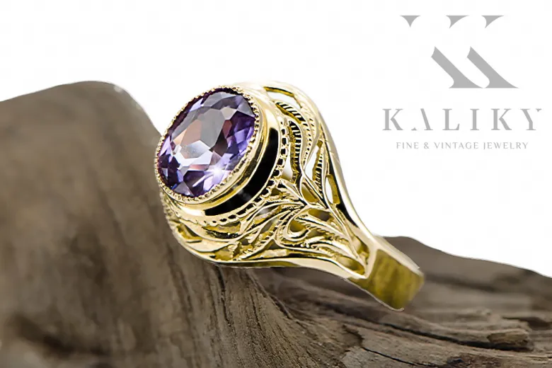 Ring Alexandrite 14 Karat Gelbgold Vintage Handwerk vrc012y-ax Art Deco Russischer Art-Déco-Schmuck, UdSSR-Stil