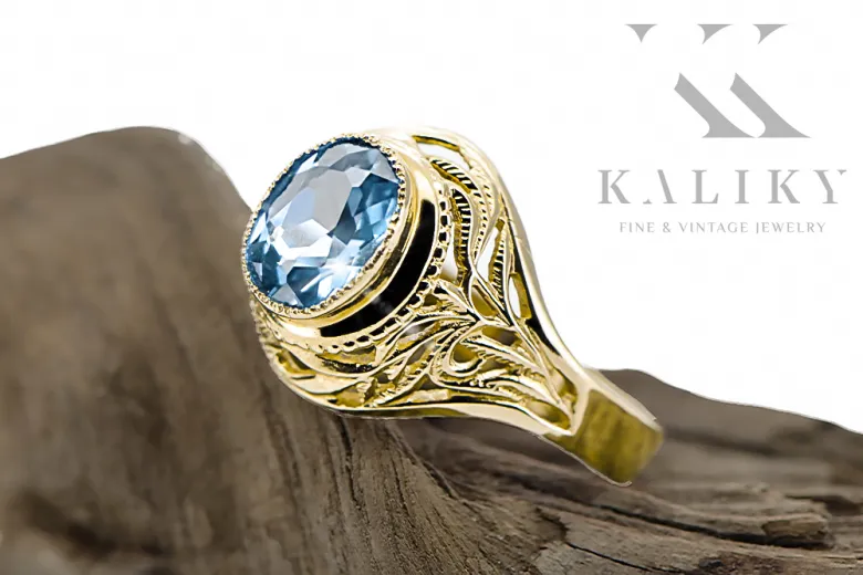 Yellow 14k gold Aquamarine ring vrc012y-aq Vintage Jewelry Art Deco Russian Soviet USSR jewelry style