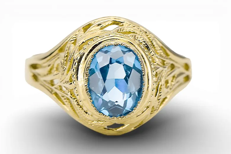 Yellow 14k gold Aquamarine ring vrc012y-aq Vintage Jewelry Art Deco Russian Soviet USSR jewelry style