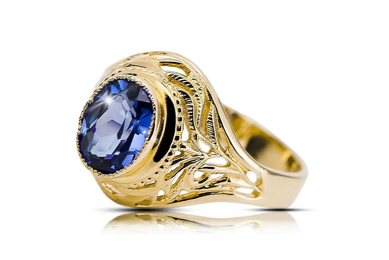 Žiedas Sapphire 14k geltonas auksas Vintage vrc012y-sp Art Deco Sovietinis rusiškas SSRS stilius