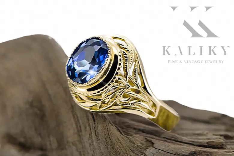 Пръстен Винтидж крафт Sapphire 14K жълто злато vrc012y-sp Art Deco Съветски руски стил СССР