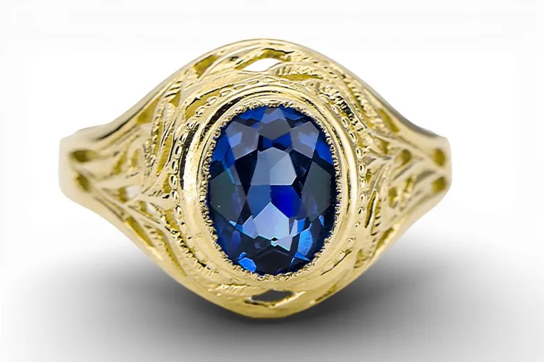 Пръстен Винтидж крафт Sapphire 14K жълто злато vrc012y-sp Art Deco Съветски руски стил СССР
