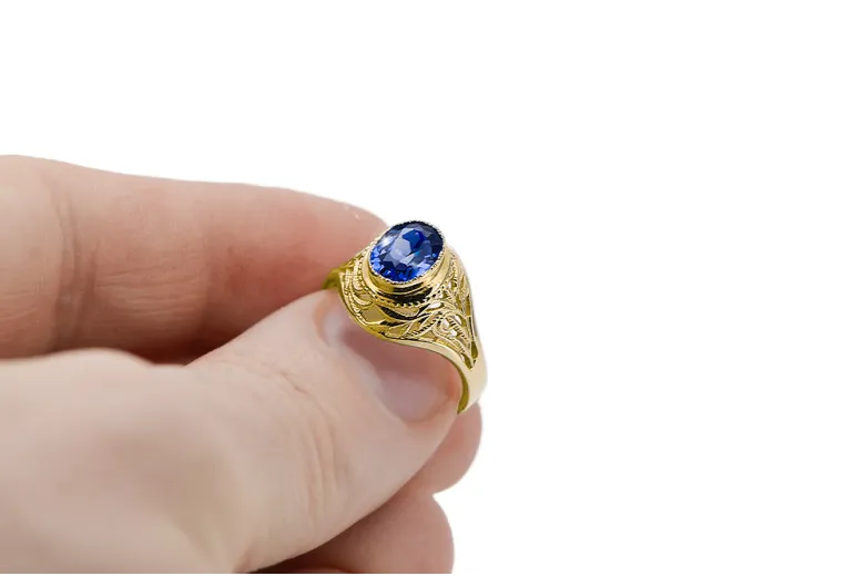 Žiedas Sapphire 14k geltonas auksas Vintage vrc012y-sp Art Deco Sovietinis rusiškas SSRS stilius