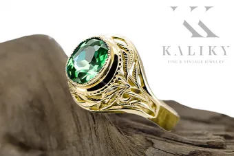 Vintage Ring Emerald 14 Karat Gelbgold vrc012y-em Art Deco UdSSR sowjetischer russischer Stil