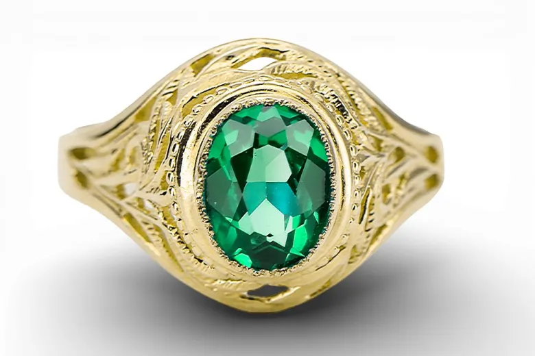 Yellow 14k gold Emerald ring vrc012y-em Vintage craft Art Deco Russian jewelry, USSR era style
