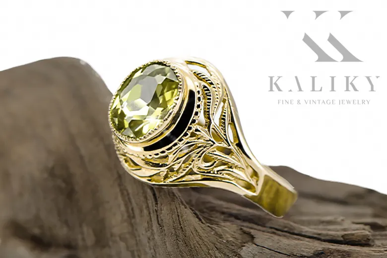 Ring Yellow Peridot 14 Karat Gelbgold Vintage Stil vrc012y-yp Art Deco Russischer UdSSR sowjetischer Stil