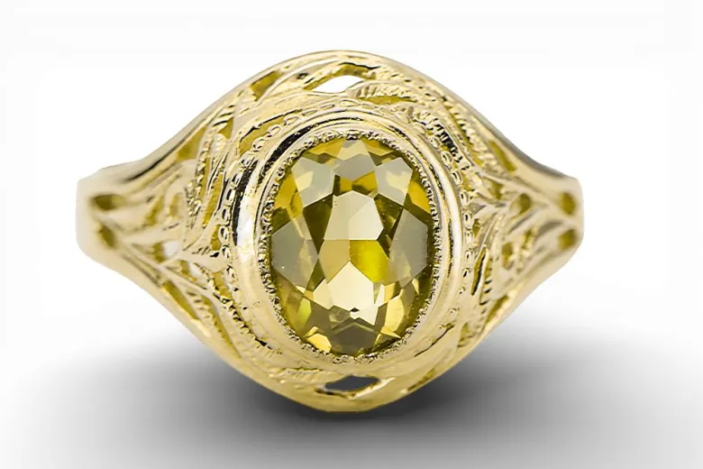 Anillo Artesanía vintage Yellow Peridot Oro amarillo de 14 quilates vrc012y-yp Art Deco Estilo ruso URSS soviético