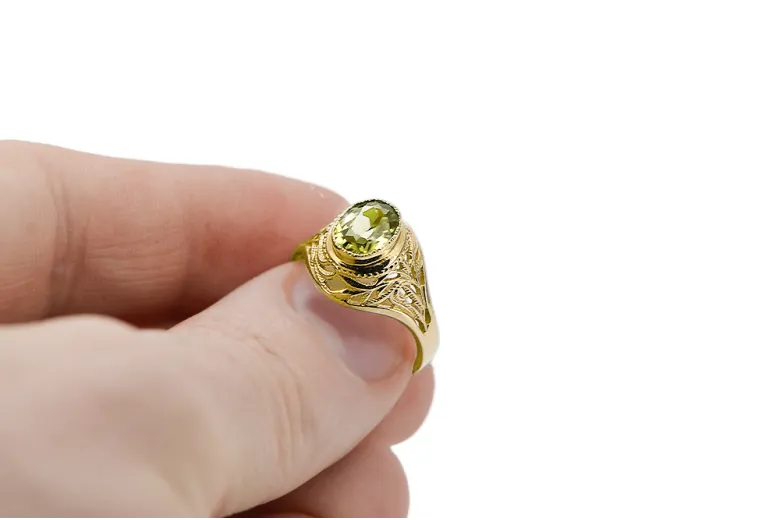 14k geltonas auksas Yellow Peridot Žiedas Vintažinis stilius vrc012y-yp Art Deco Rusiškas SSRS sovietinis stilius