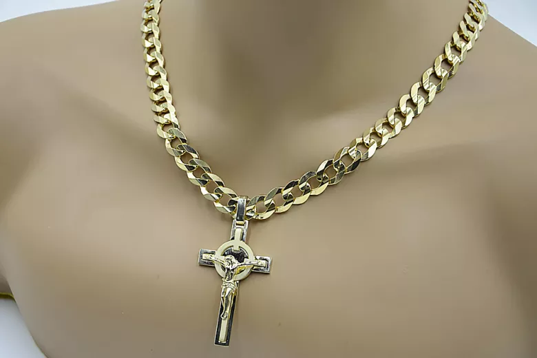 Итальянский желтый 14-ковый золотой католический крест и гурметная цепочка