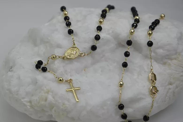 Cadena italiana de rosario de oro 14k 585 con piedras de ónix rcc005y