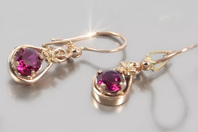 Boucles d’oreilles en or rose soviétique russe 14k 585 vec065 alexandrite rubis émeraude saphir ...