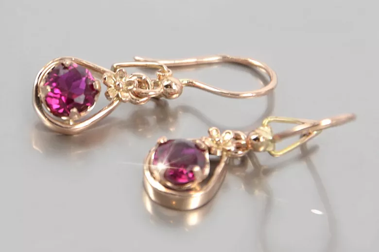 Boucles d’oreilles en or rose soviétique russe 14k 585 vec065 alexandrite rubis émeraude saphir ...