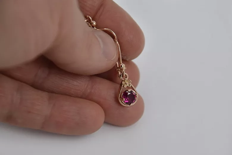 Boucles d’oreilles en or rose soviétique russe 14k 585 vec065 alexandrite rubis émeraude saphir ...