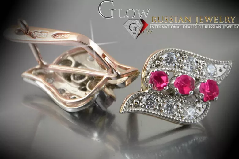 Boucles d’oreilles en or rose soviétique russe 14k 585 vec068 alexandrite rubis émeraude saphir ...