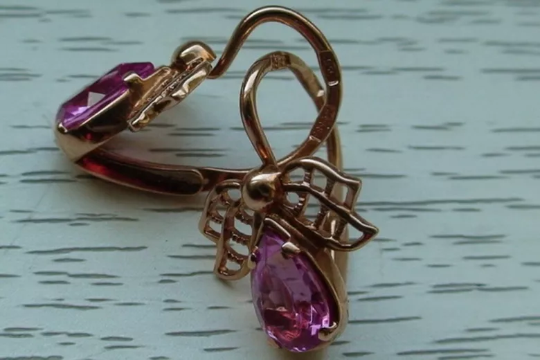 Ruso soviético rosa rosa 14k 585 pendientes de oro vec094 alejandrita rubí esmeralda zafiro ...