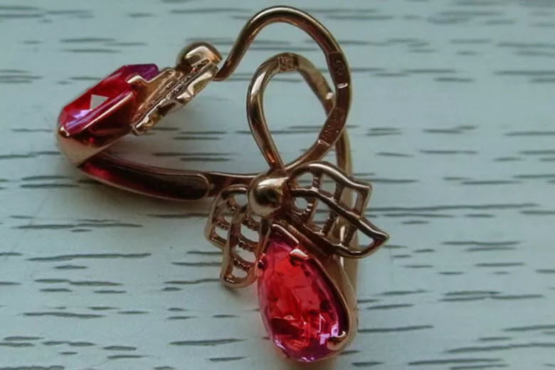 Russische Sowjetische Rose Pink 14k 585 Gold Ohrringe vec094 Alexandrit Rubin Smaragd Saphir ...
