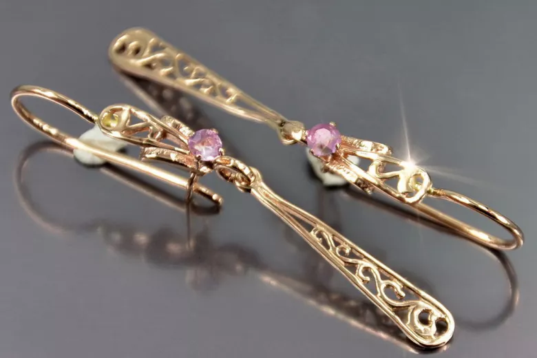 Vintage rose pink 14k 585 gold earrings vec131 alexandrite ruby emerald sapphire ...