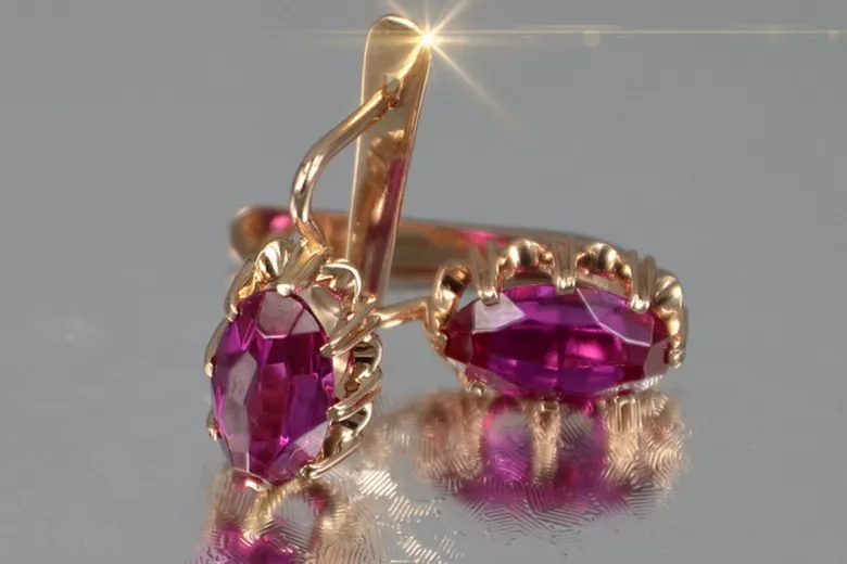 Vintage rose pink 14k 585 gold earrings vec139 alexandrite ruby emerald sapphire ...