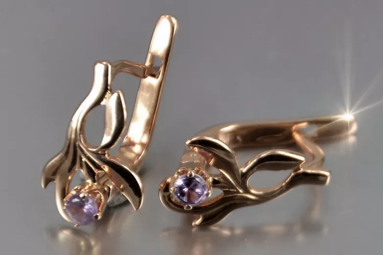 Vintage rose pink 14k 585 gold earrings vec143 alexandrite ruby emerald sapphire ...