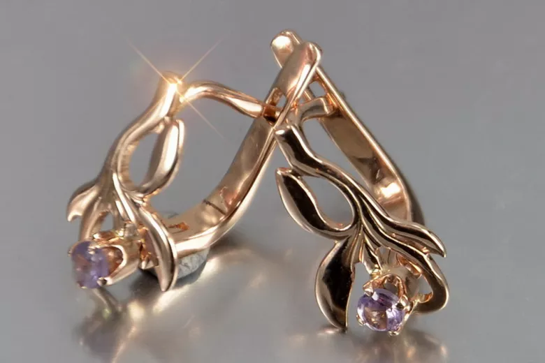 Vintage rose pink 14k 585 gold earrings vec143 alexandrite ruby emerald sapphire ...