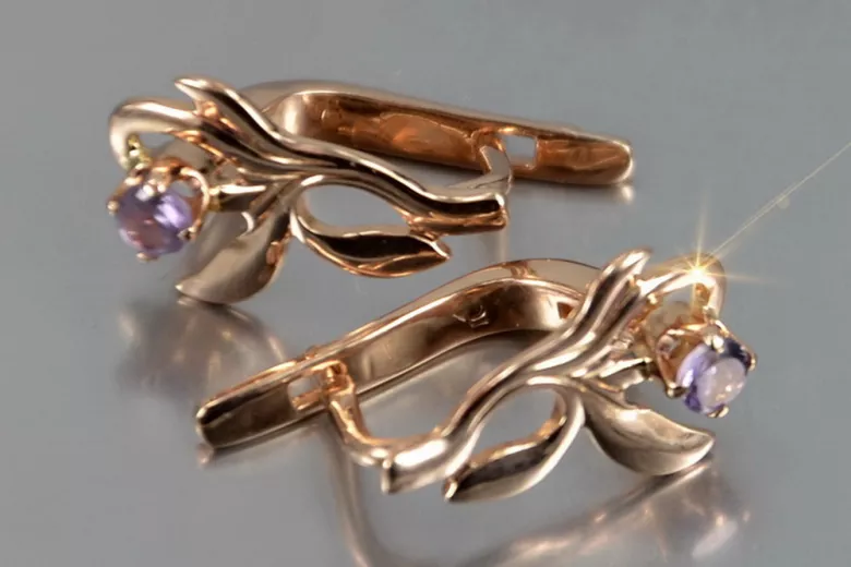 Vintage rose pink 14k 585 gold earrings vec143 alexandrite ruby emerald sapphire ...