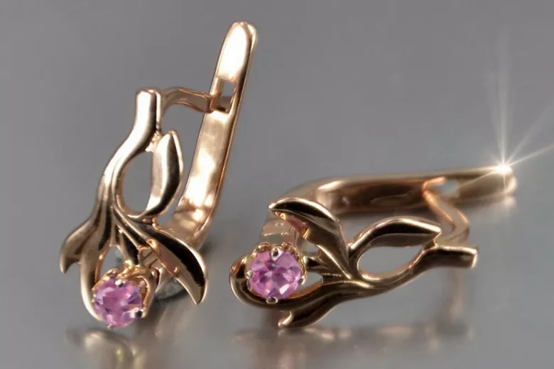 Vintage rose pink 14k 585 gold earrings vec143 alexandrite ruby emerald sapphire ...
