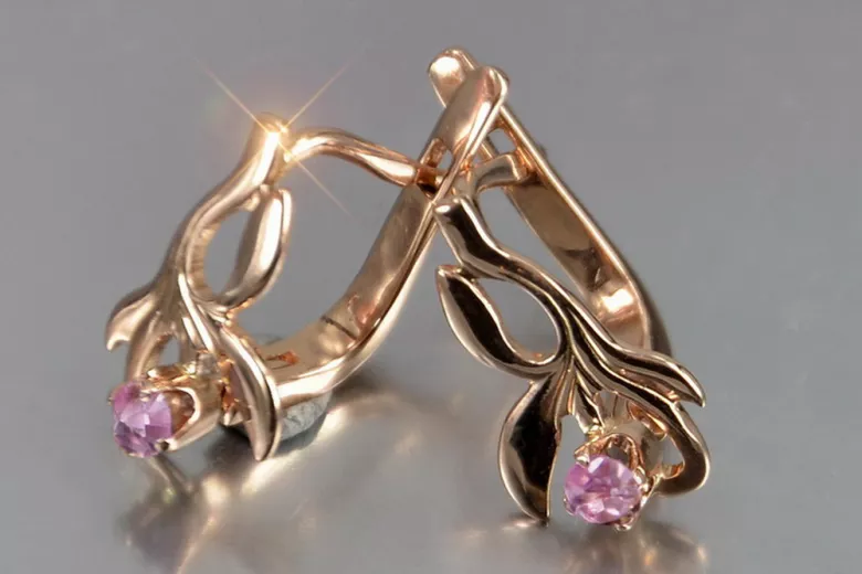 Vintage rose pink 14k 585 gold earrings vec143 alexandrite ruby emerald sapphire ...