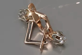 Златни обеци с розово и розово 14k 585 злато, циркони vec154r, руски, съветски, винтидж стил