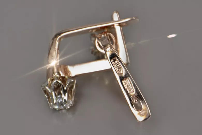 Rose pink 14k 585 gold zircon earrings vec154r Russian Soviet Vintage style