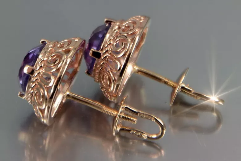 Vintage rose pink 14k 585 gold earrings vec183 alexandrite ruby emerald sapphire ...