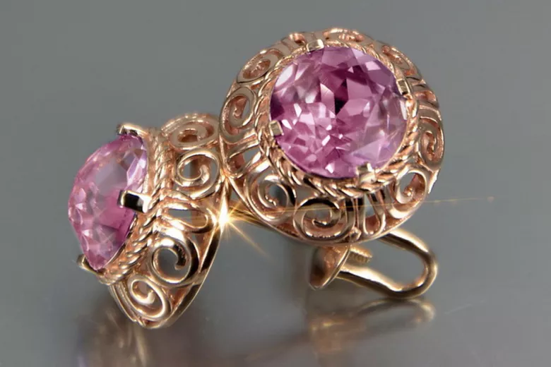 Vintage rose pink 14k 585 gold earrings vec183 alexandrite ruby emerald sapphire ...