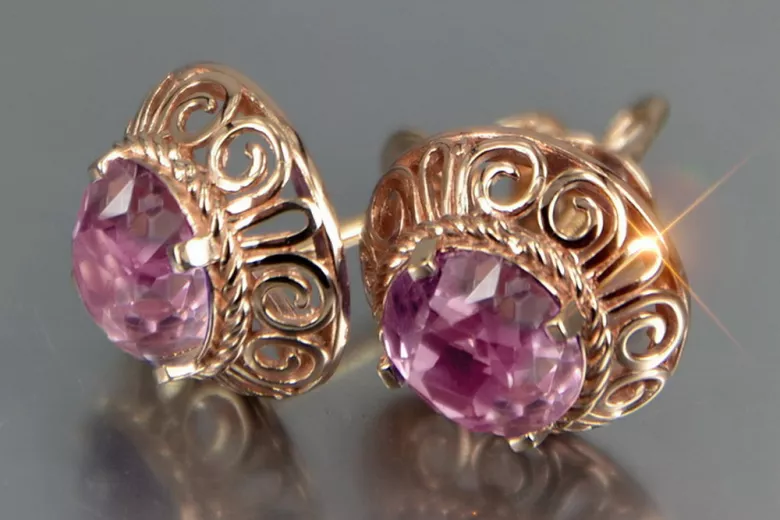 Vintage rose pink 14k 585 gold earrings vec183 alexandrite ruby emerald sapphire ...