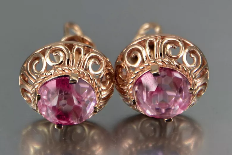 Vintage rose pink 14k 585 gold earrings vec183 alexandrite ruby emerald sapphire ...