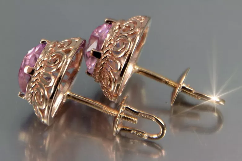 Vintage rose pink 14k 585 gold earrings vec183 alexandrite ruby emerald sapphire ...