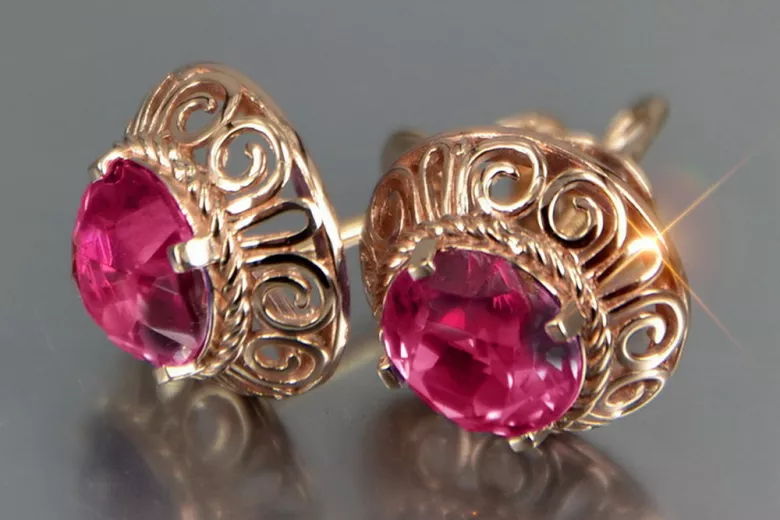 Vintage rose pink 14k 585 gold earrings vec183 alexandrite ruby emerald sapphire ...