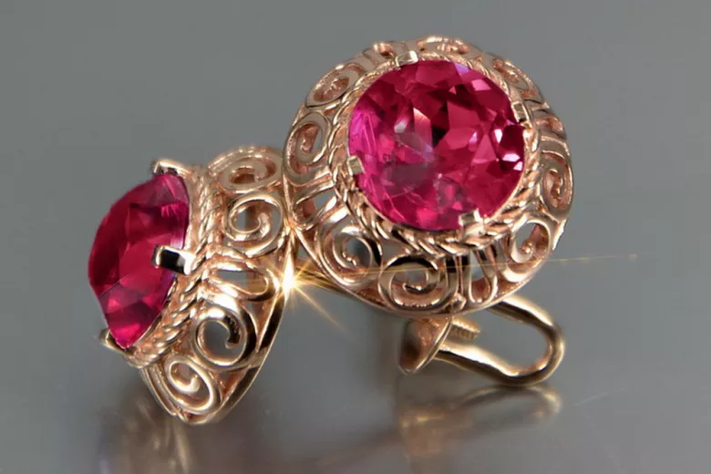 Vintage rose pink 14k 585 gold earrings vec183 alexandrite ruby emerald sapphire ...