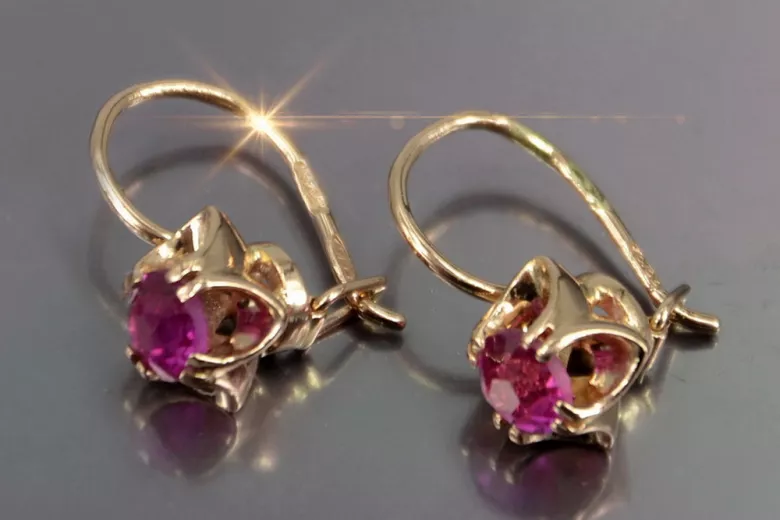 Boucles d’oreilles en or rose soviétique russe 14k 585 vec184 alexandrite rubis émeraude saphir ...