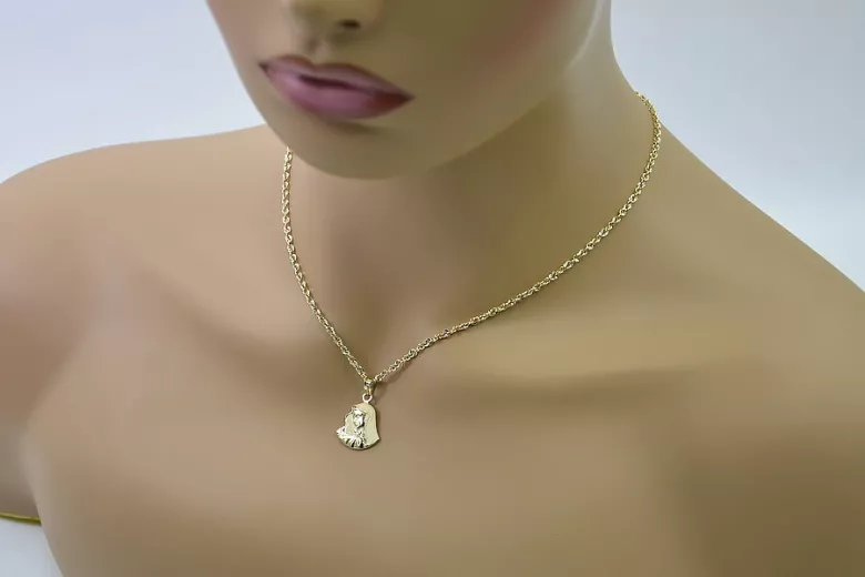 Medallón de la Madre de Dios y cadena de oro de 14k talla diamante