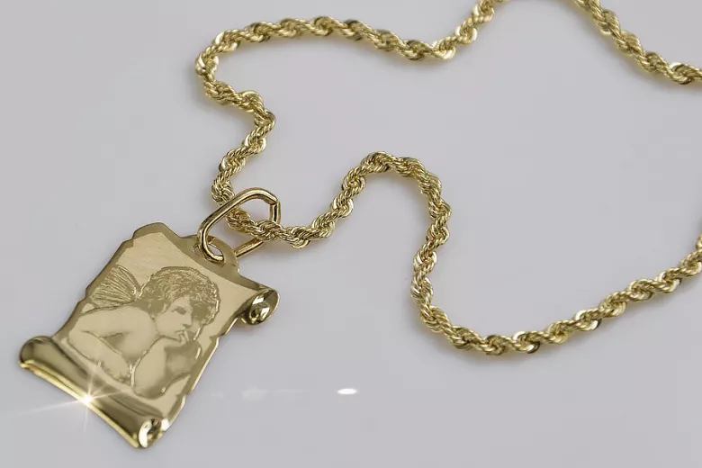 Итальянский желтый 14k золото Ангел медальон и веревочная цепь pm016ycc019y