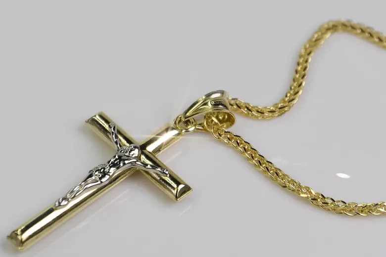 Croix catholique italienne en or jaune 14 carats et chaîne Spiga