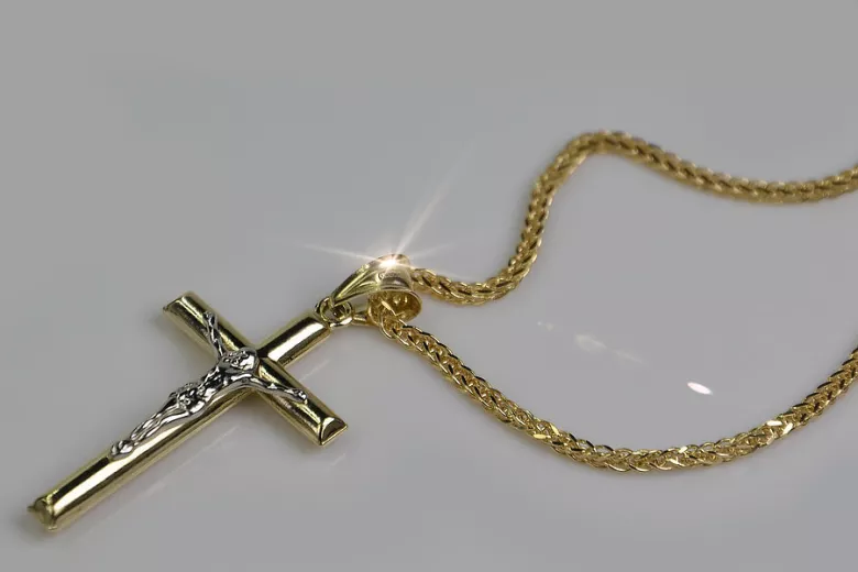 Cadena italiana de oro amarillo de 14k de la Cruz Católica y Spiga