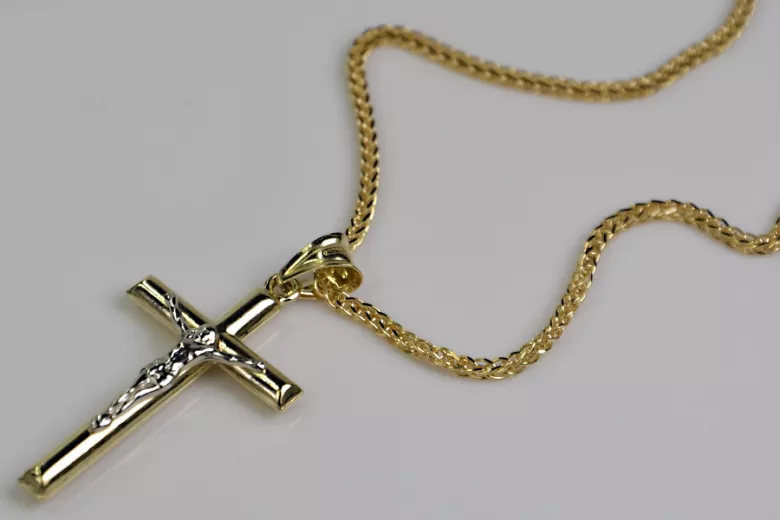 Italienische gelbe 14 Karat Gold Catholic Cross & Spiga Kette