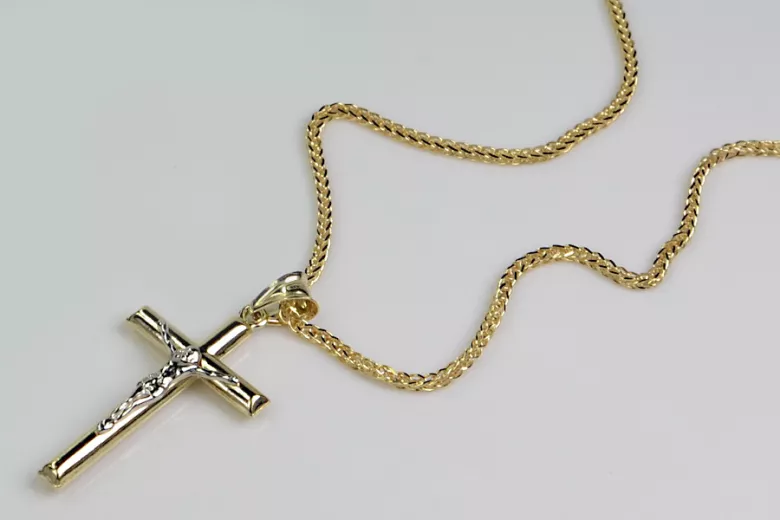 Croix catholique italienne en or jaune 14 carats et chaîne Spiga