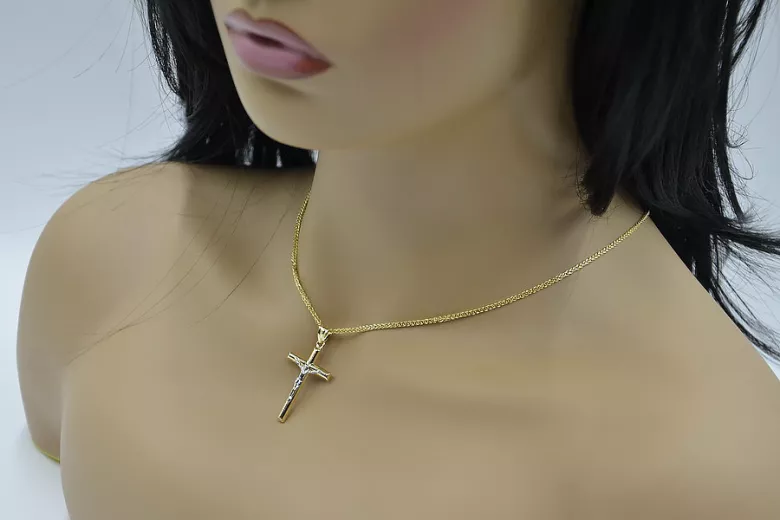 Italian yellow 14k gold Catholic Cross & Spiga chain ctc001y&cc036y