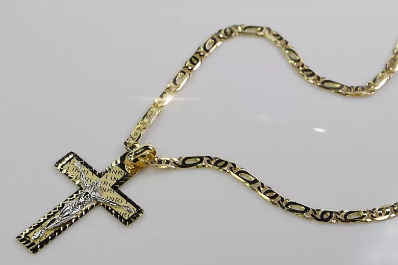 Cruz católica y cadena de oro amarillo italiano de 14k