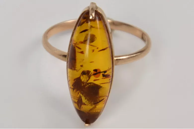 Radziecki 14k 585 złoty Rosyjski pierścionek z różowego złota z bursztynem  vrab002
