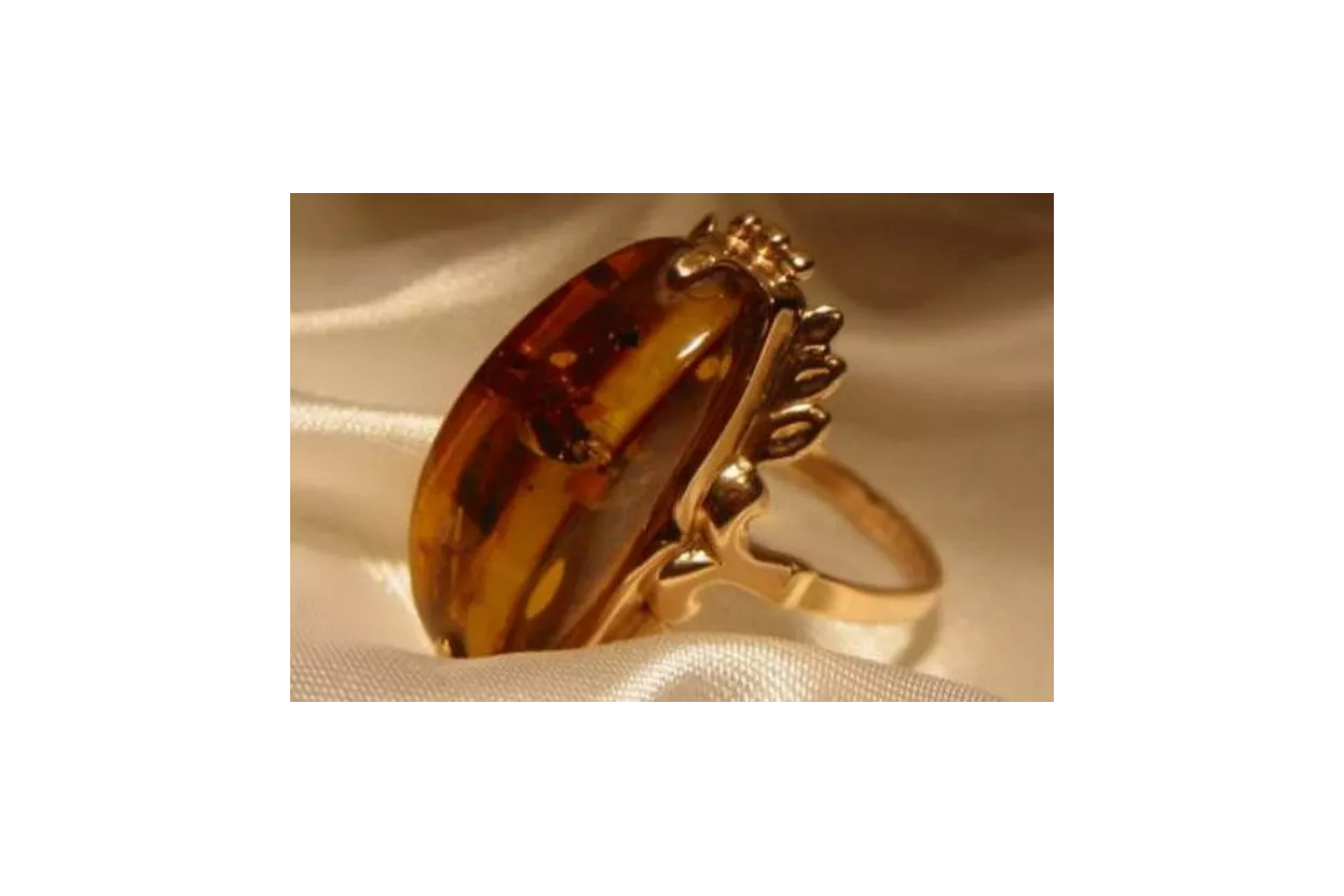 Radziecki 14k 585 złoty Rosyjski pierścionek z różowego złota z bursztynem  vrab015