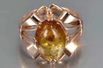 Russische Rose Sowjetische Rosa UdSSR rot 585 583 Gold Bernstein Ring vrab051