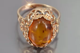 Soviet 14k 585 Zlatý Ruský Ring of Pink Gold s Amber Vrab054